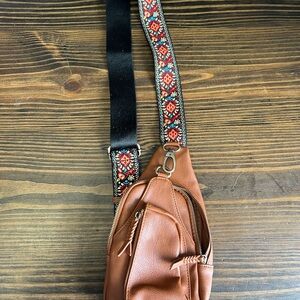 Antik Kraft Brown Crossbody Bag with Patterned Strap